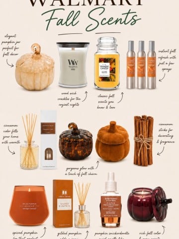 An assortment of fall-scented Walmart products including candles, diffusers, sprays, and decorative pumpkins, arranged on a beige background with handwritten notes describing each item&rsquo;s features and uses.