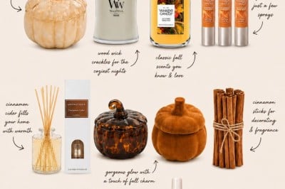 An assortment of fall-scented Walmart products including candles, diffusers, sprays, and decorative pumpkins, arranged on a beige background with handwritten notes describing each item’s features and uses.