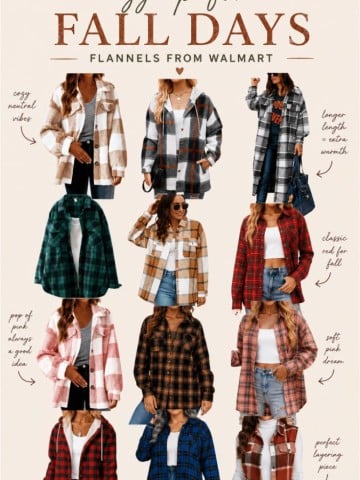 Nine women model various plaid flannel shirts in different colors and styles, each labeled with styling tips, under the text &ldquo;Cozy Up for Fall Days: Flannels from Walmart.&rdquo;.