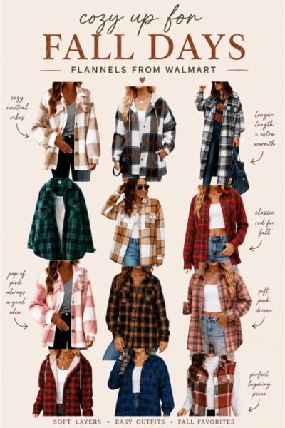 Nine women model various plaid flannel shirts in different colors and styles, each labeled with styling tips, under the text “Cozy Up for Fall Days: Flannels from Walmart.”.