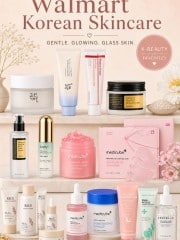 Various Korean skincare products arranged aesthetically, including creams, serums, and sheet masks, with text reading “Walmart Korean Skincare” and descriptions like “Gentle. Glowing. Glass Skin.” on a soft pink background.