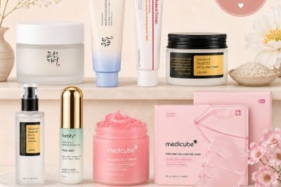 Various Korean skincare products arranged aesthetically, including creams, serums, and sheet masks, with text reading “Walmart Korean Skincare” and descriptions like “Gentle. Glowing. Glass Skin.” on a soft pink background.