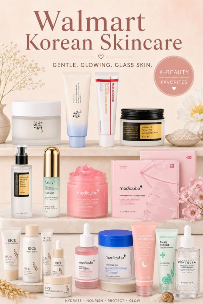 Various Korean skincare products arranged aesthetically, including creams, serums, and sheet masks, with text reading “Walmart Korean Skincare” and descriptions like “Gentle. Glowing. Glass Skin.” on a soft pink background.
