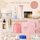 Various Korean skincare products arranged aesthetically, including creams, serums, and sheet masks, with text reading &ldquo;Walmart Korean Skincare&rdquo; and descriptions like &ldquo;Gentle. Glowing. Glass Skin.&rdquo; on a soft pink background.