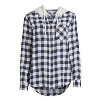 Long-sleeve, blue and white plaid shirt with a white hood and front chest pocket, displayed against a plain background.