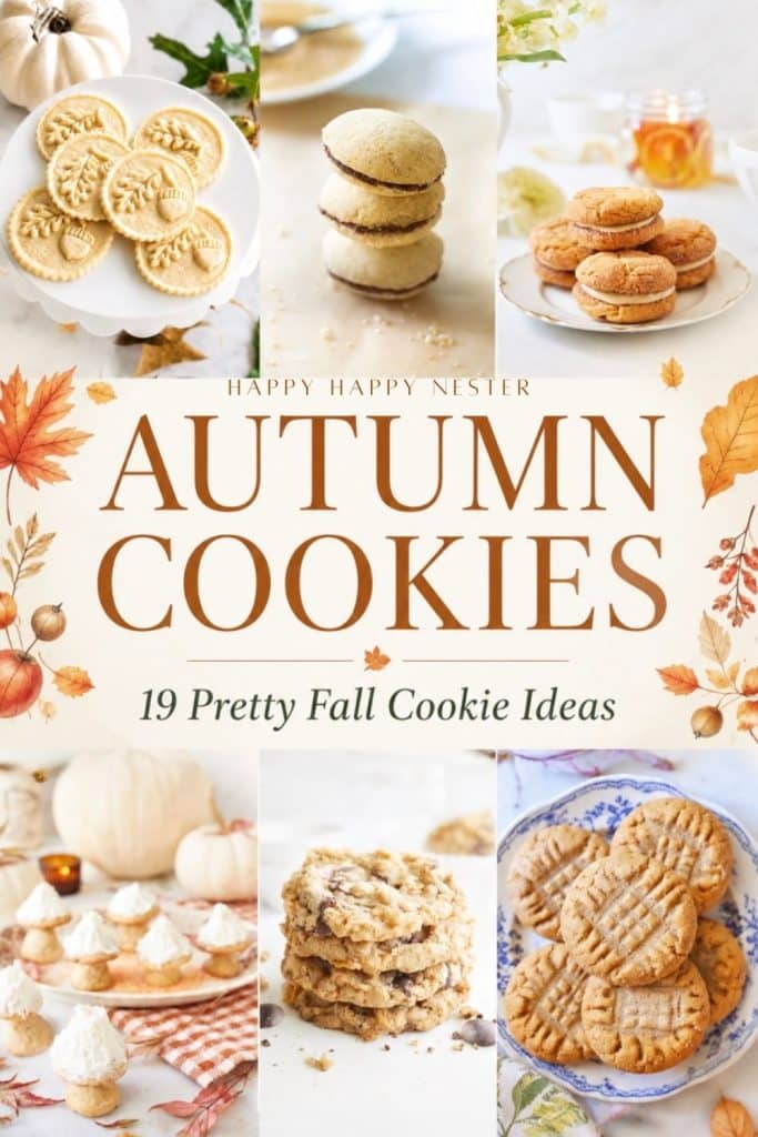 A collage of decorated autumn cookies including stenciled leaf sugar cookies, pumpkin-shaped cookies, and stamped shortbread.