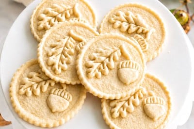 Six round cookies with embossed oak leaves and acorns are arranged on a white cake stand. A small white pumpkin and autumn leaves are in the background, suggesting a fall or Thanksgiving theme.