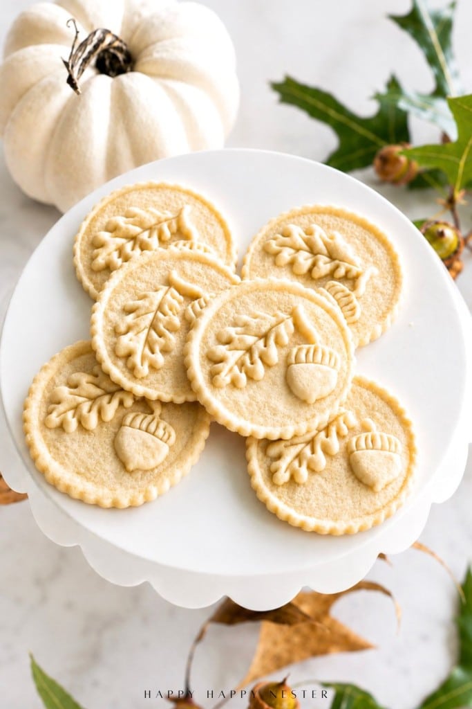 Six round cookies with embossed oak leaves and acorns are arranged on a white cake stand. A small white pumpkin and autumn leaves are in the background, suggesting a fall or Thanksgiving theme.