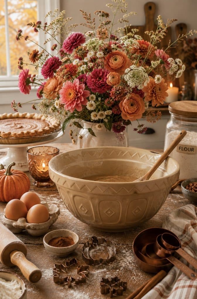 A cozy autumn kitchen scene perfect for Saturday Chitchat, with a mixing bowl, eggs, spices, measuring cups, pie, rolling pin, pumpkin, and a bouquet of colorful flowers on a rustic table—an inviting space for sharing favorite fall recipes and creative fall crafts.