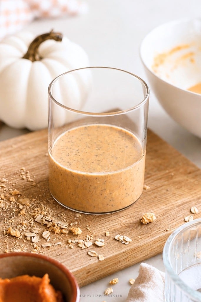 A glass of pumpkin-colored overnight oats sits on a wooden board with scattered oats, a white pumpkin, and a bowl with remnants of mixture nearby.