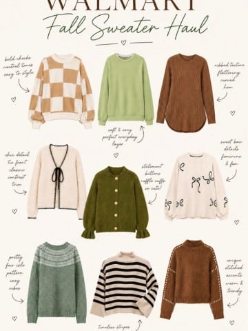 A collage of nine fall sweaters in various styles and colors, with handwritten notes describing details like textures, fit, and features, under the text &ldquo;Walmart Fall Sweater Haul.&rdquo; Sweaters include knits and patterns.