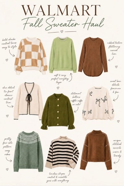A collage of nine fall sweaters in various styles and colors, with handwritten notes describing details like textures, fit, and features, under the text “Walmart Fall Sweater Haul.” Sweaters include knits and patterns.