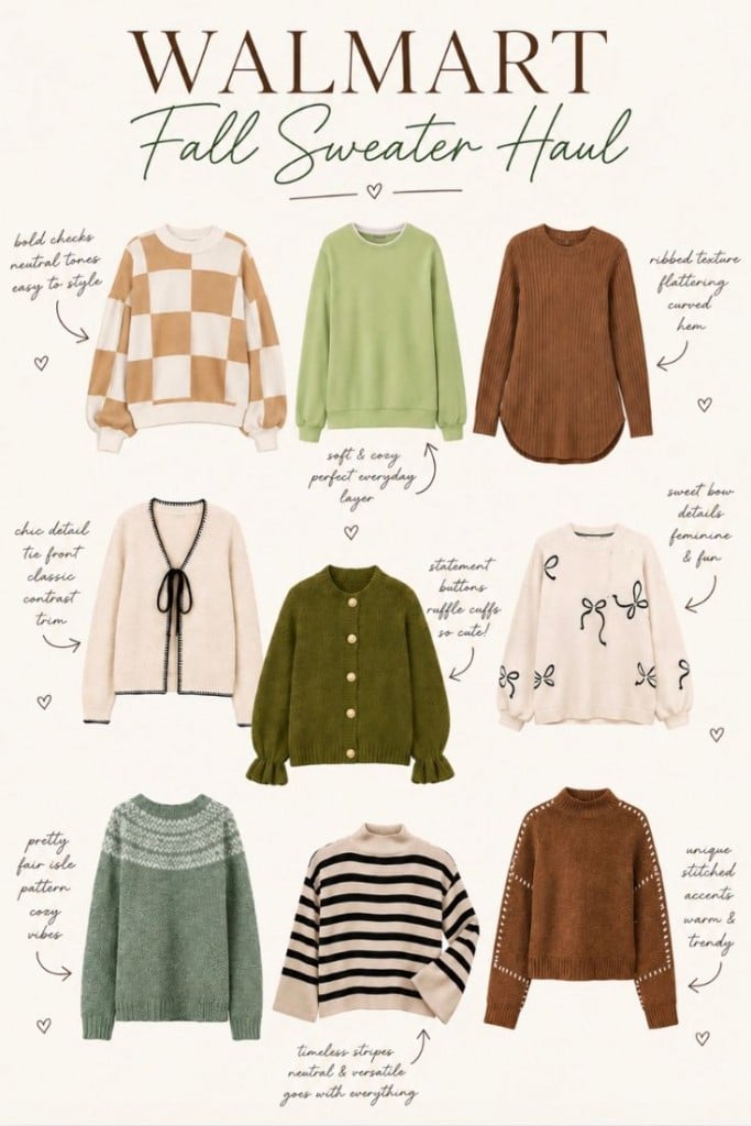 A collage of nine fall sweaters in various styles and colors, with handwritten notes describing details like textures, fit, and features, under the text “Walmart Fall Sweater Haul.” Sweaters include knits and patterns.