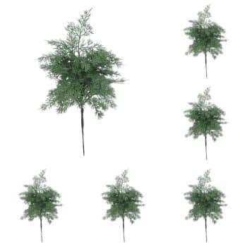 Six artificial green foliage stems with thin branches are arranged on a white background, with one large stem in the center and five smaller stems surrounding it.