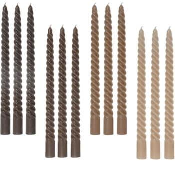 Set of tall spiral taper candles in dark brown, taupe, and light beige neutral colors.