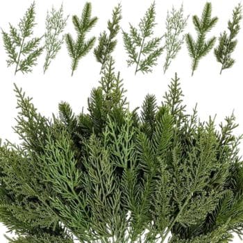 An assortment of Norfolk pine, cedar leaves, and evergreen sprigs makes it easy to mix different textures for a fuller, more realistic Christmas arrangement.