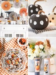 Cute Halloween ideas featuring ghost-painted pumpkins, Halloween puppy chow, a festive dessert station, and DIY Halloween candles.