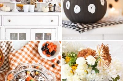 Cute Halloween ideas featuring ghost-painted pumpkins, Halloween puppy chow, a festive dessert station, and DIY Halloween candles.