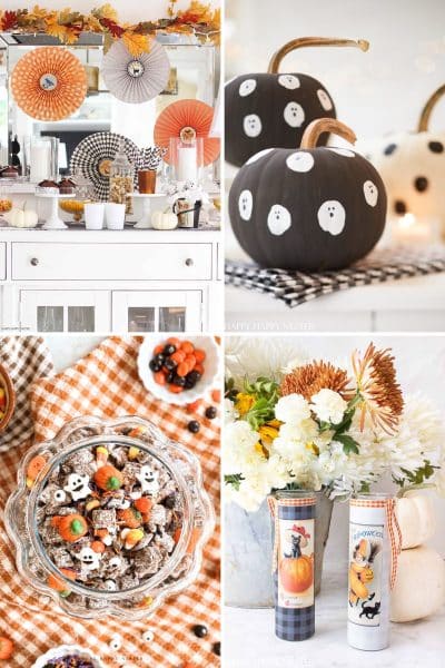 Cute Halloween ideas featuring ghost-painted pumpkins, Halloween puppy chow, a festive dessert station, and DIY Halloween candles.