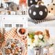 Cute Halloween ideas featuring ghost-painted pumpkins, Halloween puppy chow, a festive dessert station, and DIY Halloween candles.