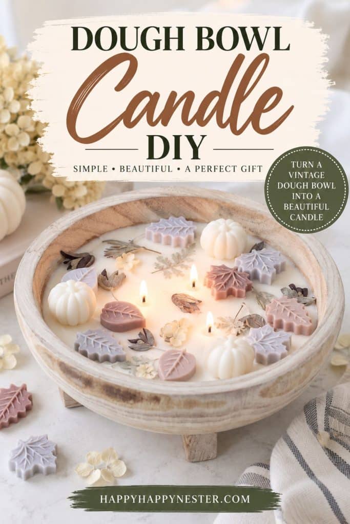 DIY dough bowl candle filled with creamy wax and decorated with pastel fall leaves and mini pumpkin wax embeds.