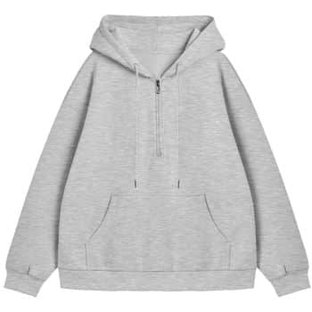 Light gray hooded sweatshirt with a half-zip front, front kangaroo pocket, and long sleeves. The hoodie appears plain with no visible logos or designs.