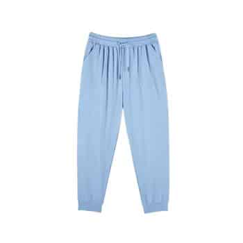 Light blue jogger pants with an elastic waistband, drawstring, two front pockets, and elastic cuffs at the ankles, displayed on a plain white background.