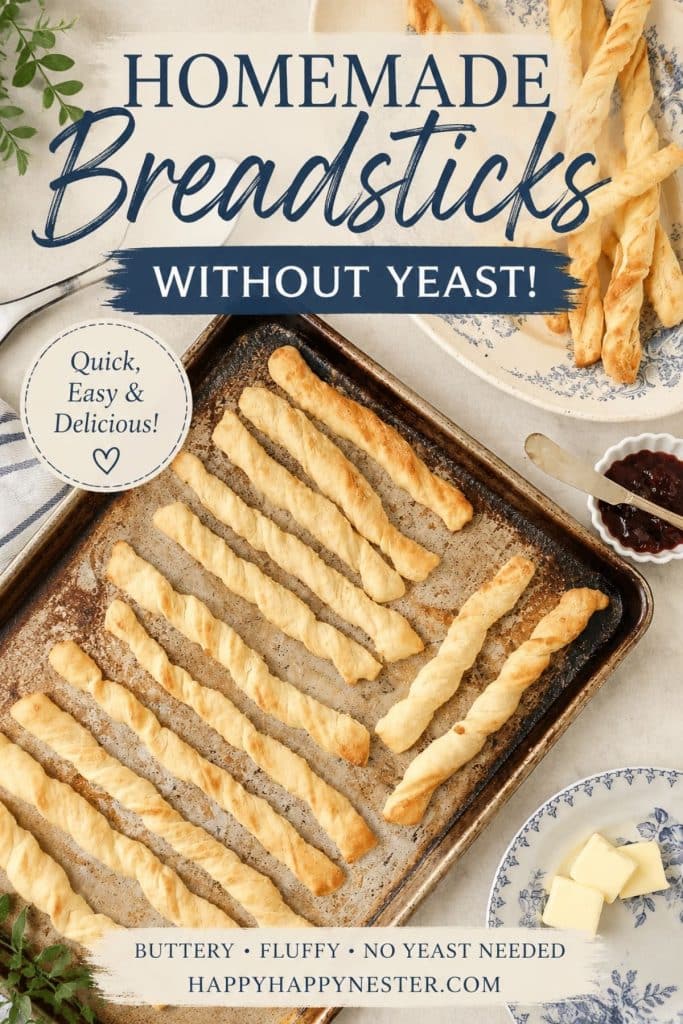 Homemade breadsticks without yeast recipe with golden twisted breadsticks on a baking sheet.