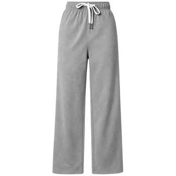 Gray sweatpants with a loose fit, elastic waistband, and white drawstring, displayed against a white background.