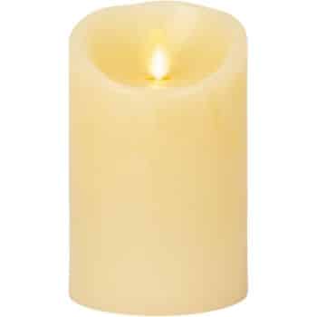 Ivory battery-operated flameless pillar candle with a warm glowing LED flame.