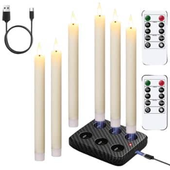 Set of six ivory rechargeable flameless taper candles with charging base, USB cable, and remote controls.