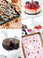 Four desserts: candy corn snack mix on an orange plaid cloth, cheesecake topped with Oreos and strawberries, chocolate cake with a slice missing, and pink sheet cake with sprinkles and a ghost-shaped marshmallow.