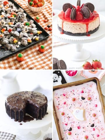 Four desserts: candy corn snack mix on an orange plaid cloth, cheesecake topped with Oreos and strawberries, chocolate cake with a slice missing, and pink sheet cake with sprinkles and a ghost-shaped marshmallow.