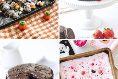 Four desserts: candy corn snack mix on an orange plaid cloth, cheesecake topped with Oreos and strawberries, chocolate cake with a slice missing, and pink sheet cake with sprinkles and a ghost-shaped marshmallow.