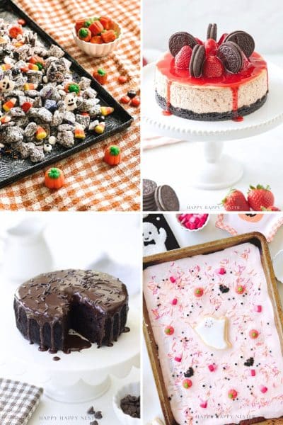 Four desserts: candy corn snack mix on an orange plaid cloth, cheesecake topped with Oreos and strawberries, chocolate cake with a slice missing, and pink sheet cake with sprinkles and a ghost-shaped marshmallow.