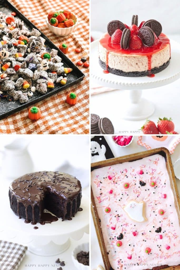 Four desserts: candy corn snack mix on an orange plaid cloth, cheesecake topped with Oreos and strawberries, chocolate cake with a slice missing, and pink sheet cake with sprinkles and a ghost-shaped marshmallow.