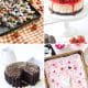 Four desserts: candy corn snack mix on an orange plaid cloth, cheesecake topped with Oreos and strawberries, chocolate cake with a slice missing, and pink sheet cake with sprinkles and a ghost-shaped marshmallow.