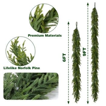 Two artificial Norfolk pine garlands, one 6 feet and one 9 feet long, made from premium materials. Close-up insets show the realistic green pine needles.