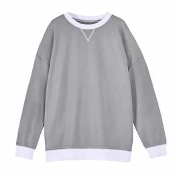 A plain gray sweatshirt with white cuffs, neckline, and hem, displayed on a white background.