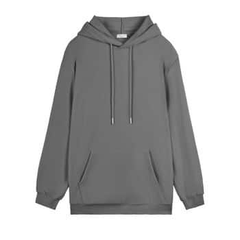 A plain gray hooded sweatshirt with a front pocket and drawstrings, displayed on a white background.