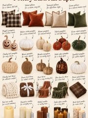 Pottery Barn Fall Dupes A collage shows affordable fall decor dupes from Pottery Barn, featuring plaid and velvet pillows, faux pumpkins, cozy throws, candles, glass canisters, and more, each with text labels and product images arranged neatly.