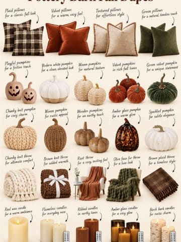 A collage shows affordable fall decor dupes from Pottery Barn, featuring plaid and velvet pillows, faux pumpkins, cozy throws, candles, glass canisters, and more, each with text labels and product images arranged neatly.