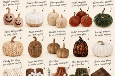 A collage shows affordable fall decor dupes from Pottery Barn, featuring plaid and velvet pillows, faux pumpkins, cozy throws, candles, glass canisters, and more, each with text labels and product images arranged neatly.