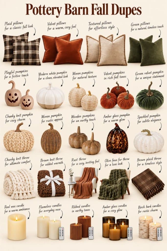 A collage shows affordable fall decor dupes from Pottery Barn, featuring plaid and velvet pillows, faux pumpkins, cozy throws, candles, glass canisters, and more, each with text labels and product images arranged neatly.