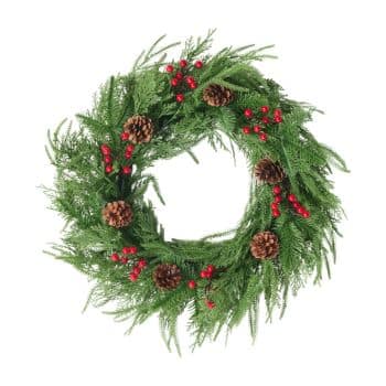 A green holiday wreath decorated with red berries and pinecones, arranged in a circle on a white background.