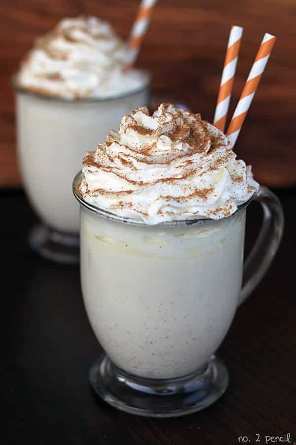 Two glass mugs filled with creamy milkshakes topped with whipped cream, a sprinkle of cinnamon, and orange-striped straws offer delightful Halloween food inspiration. A second milkshake sits blurred in the background.