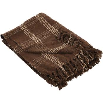 Chocolate brown plaid cotton blend throw blanket with cream stripes and tasseled fringe.