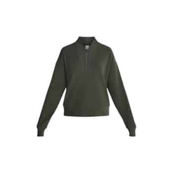 A plain, dark green long-sleeve pullover sweatshirt with a half-zip collar, shown on a white background.