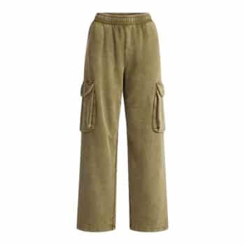 Olive green wide-leg cargo pants with an elastic waistband and large flap pockets on each side.