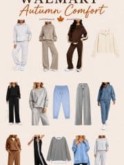Collage of women’s cozy autumn loungewear sets in muted tones, displayed on models and flat-lay. The text “Walmart Autumn Comfort” is at the top, featuring hoodies, sweatpants, and relaxed sweatsuit styles.